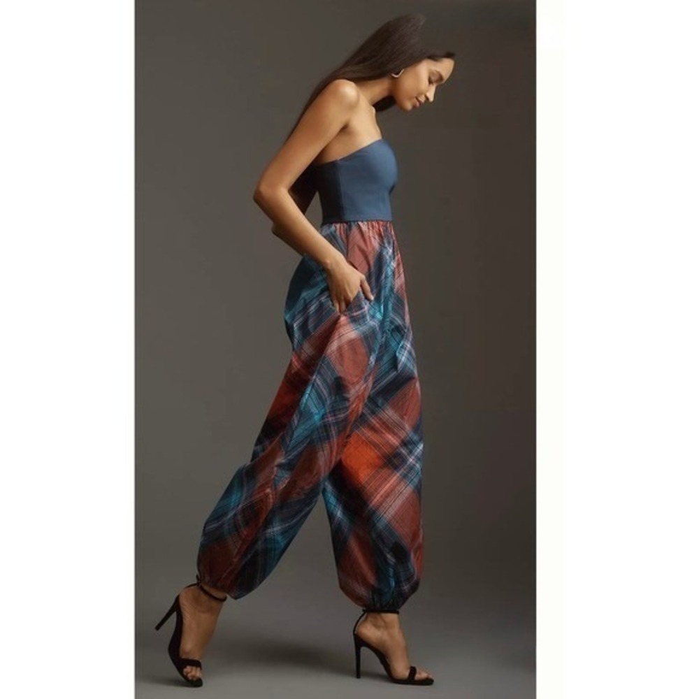 NWT Anthropolige Maeve Gathered Balloon Jumpsuit Small Plaid Parachute Barrel - Picture 2 of 8